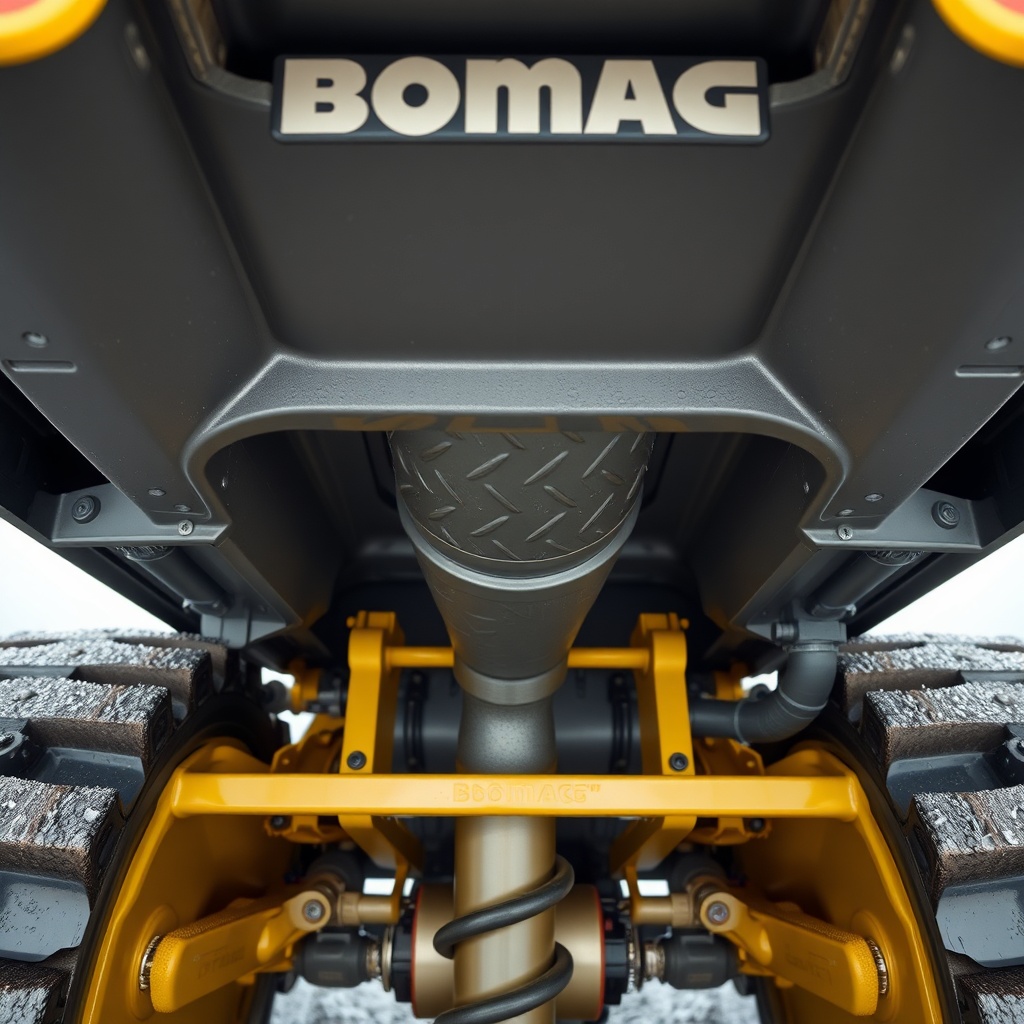A clean photorealistic photo of the underside of a Bomag BF 600 P-2 paver