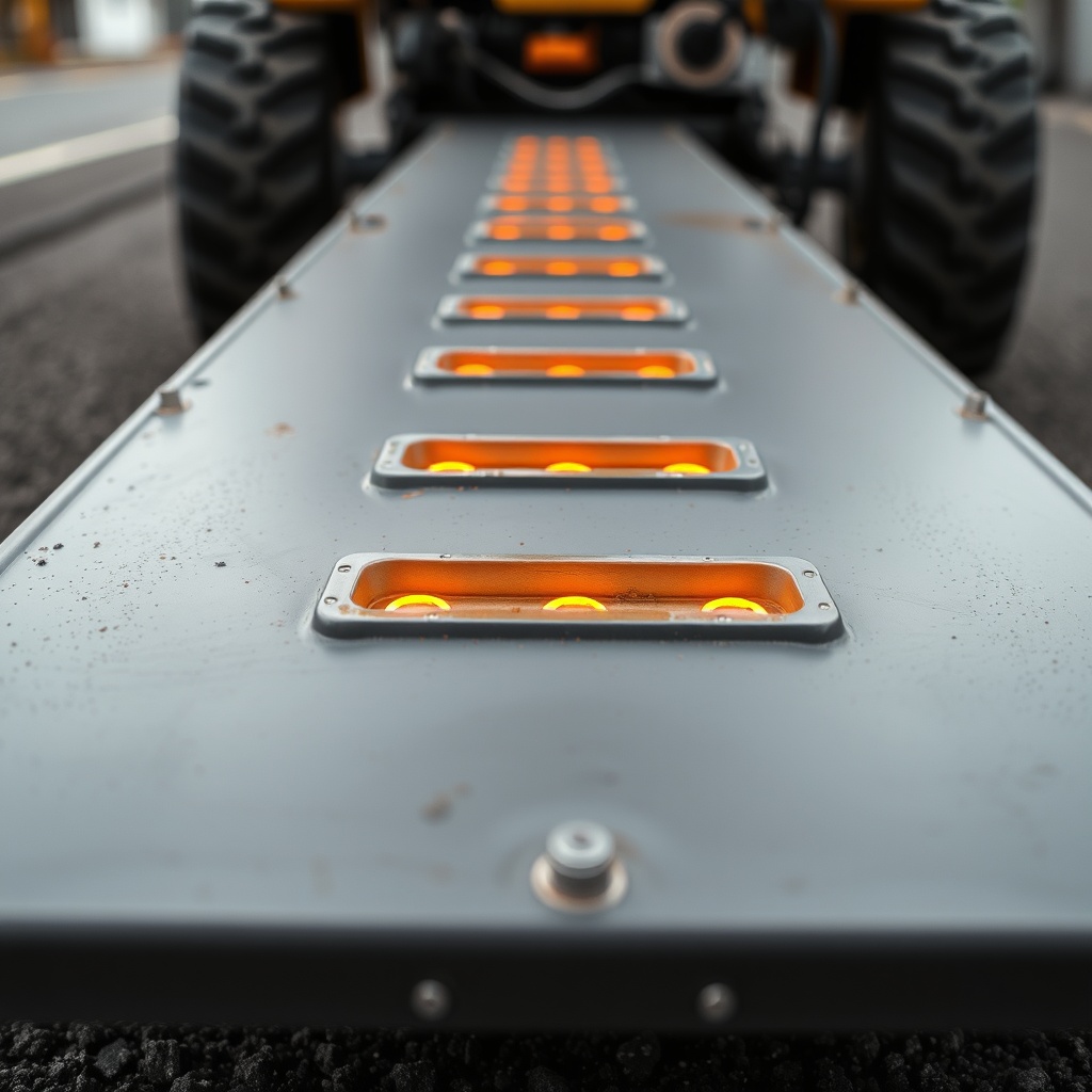 A close-up photorealistic view of a clean Bomag BF 600 P-2 screed with heating elements gl