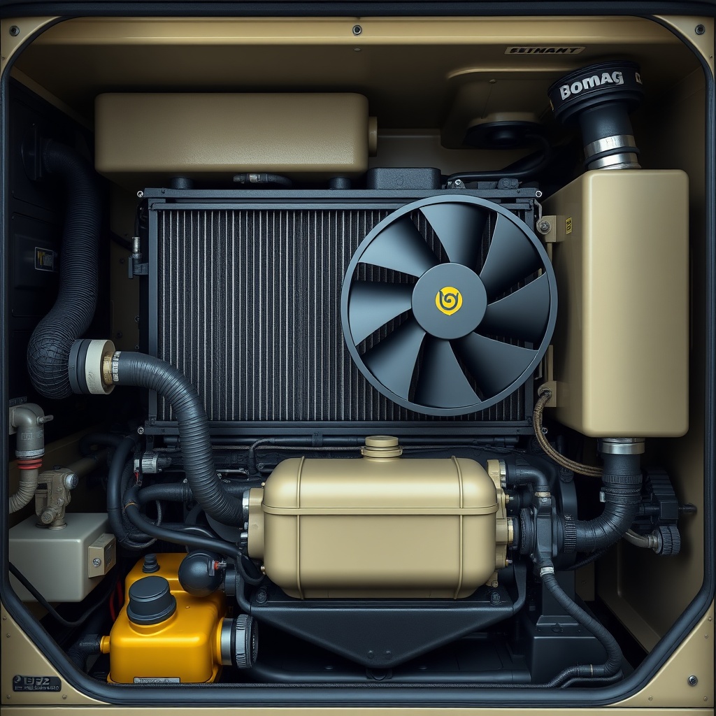 A clean photorealistic photo of a Bomag BF 600 P-2 engine bay showing the radiator and fan