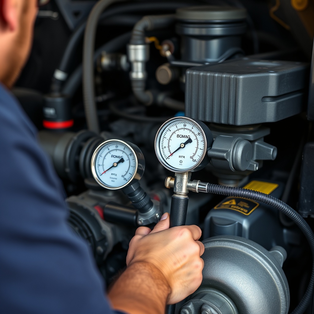 A clean photorealistic photo of a mechanic performing a coolant pressure test on a Bomag B