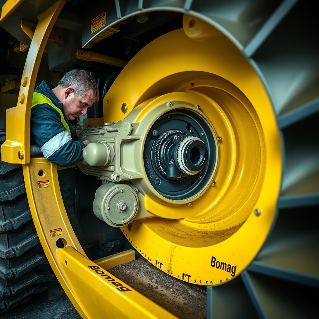 A clean photorealistic photo showing the auger section of a Bomag BF 600 P-2 paver with a