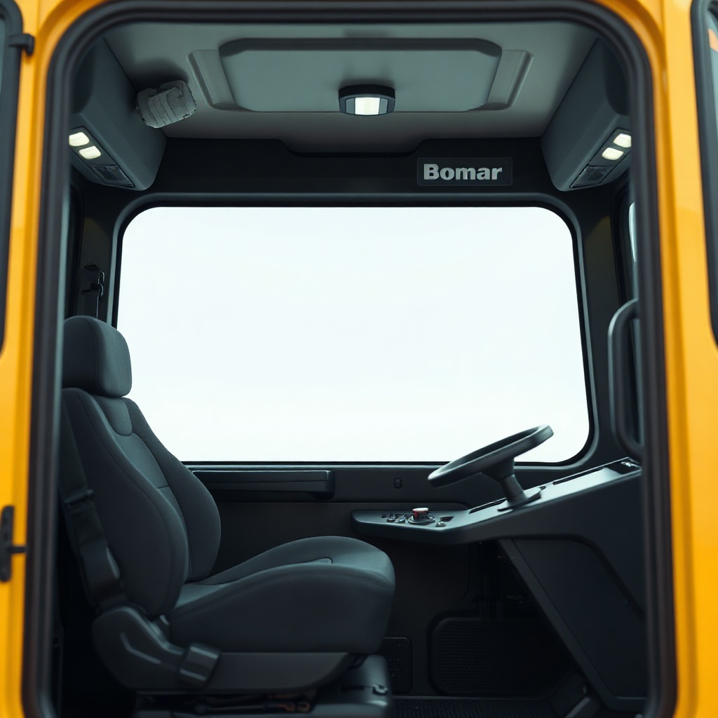 A photorealistic photo of the Bomag BF 600 P-2 operator cabin interior