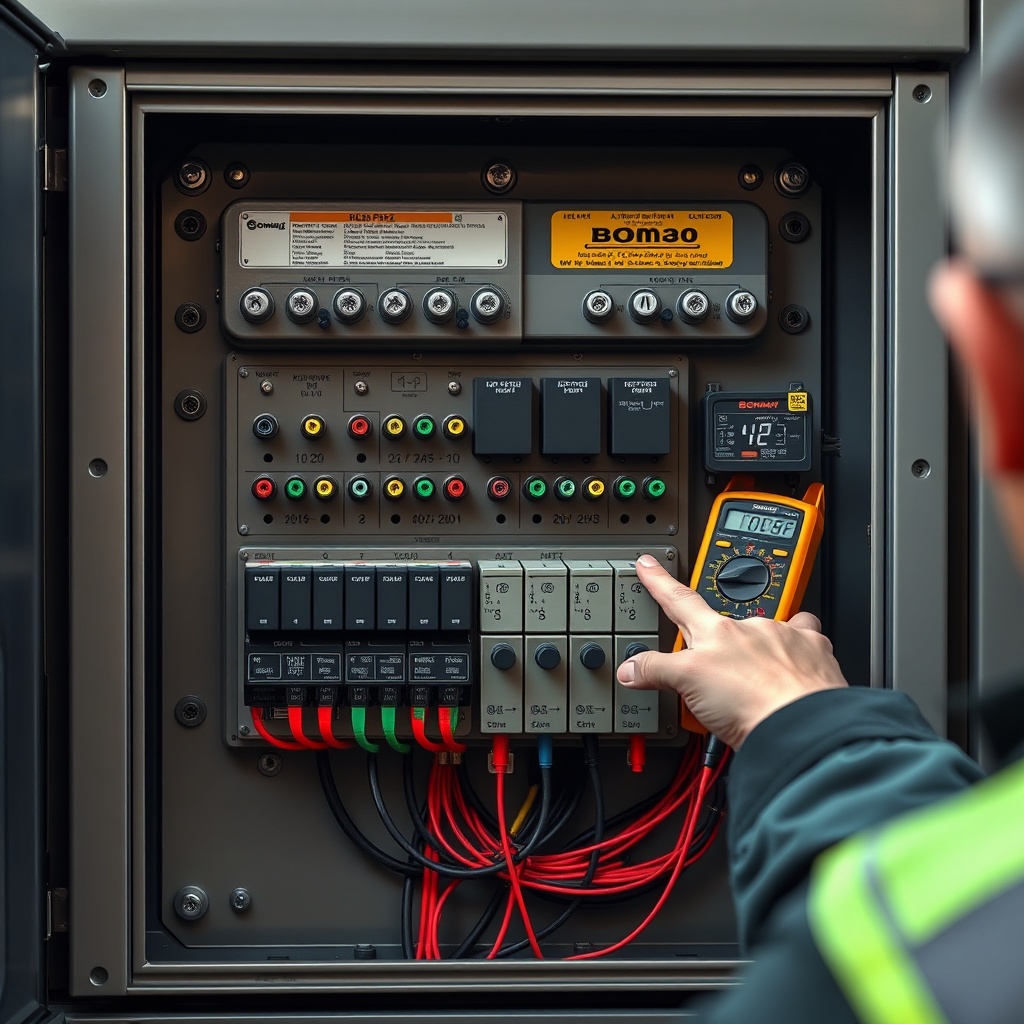 <clean photorealistic photo/illustration of a Bomag BF 600 P-2's rear electrical panel wit