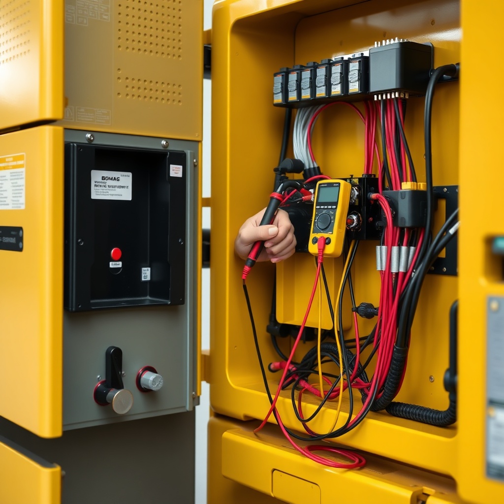 <clean photorealistic photo/illustration of a technician checking electrical connections o