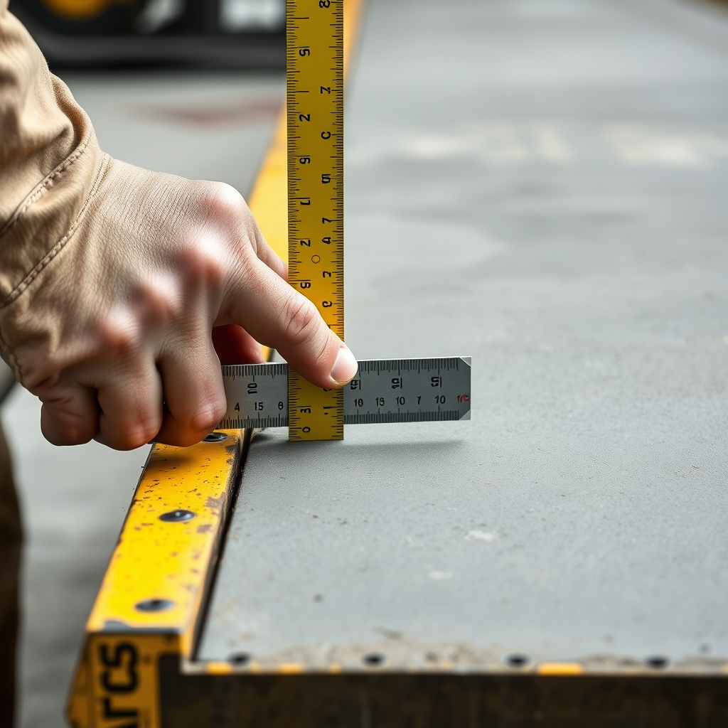 <clean photorealistic photo of an operator measuring screed plate wear with a steel ruler