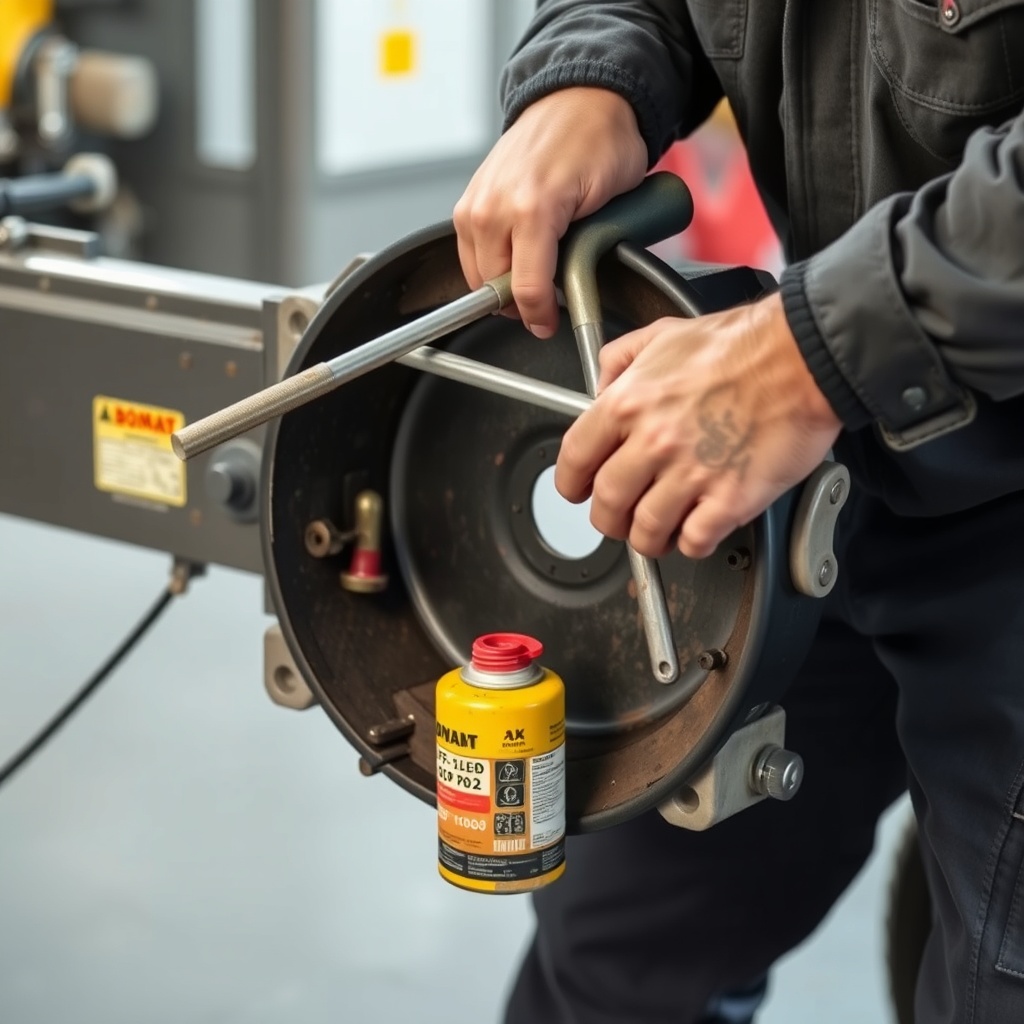 <clean photorealistic photo of a mechanic using a pry bar to separate an old screed plate