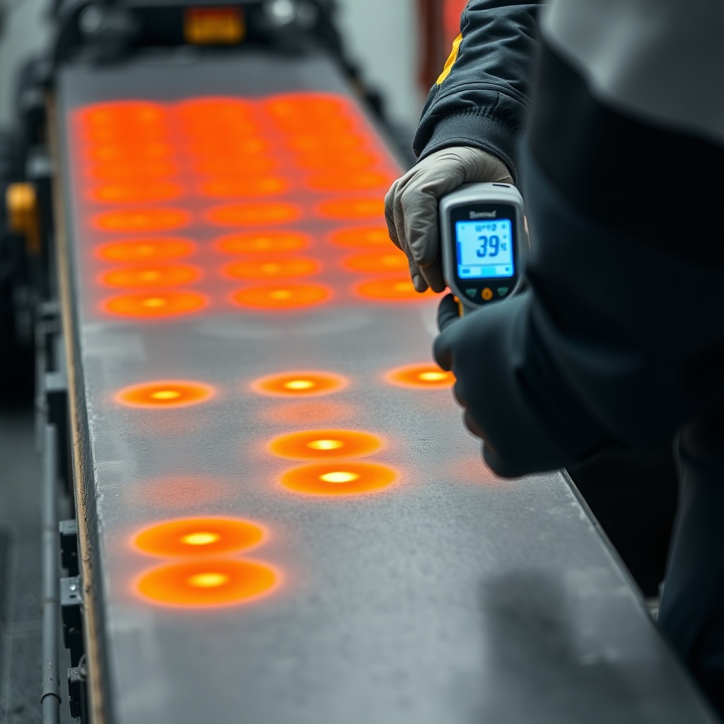 A clean photorealistic close-up of a technician using an infrared thermometer to check tem