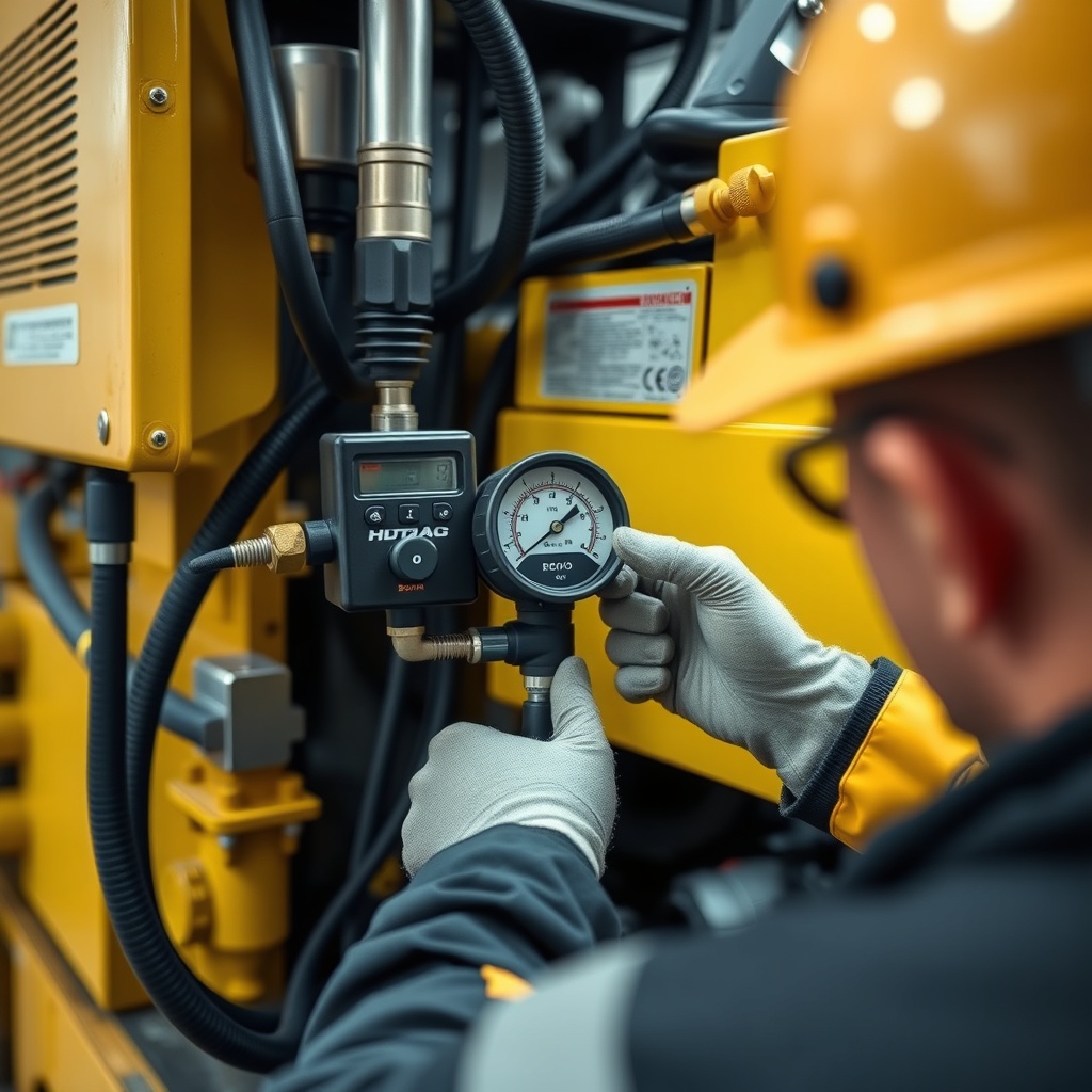 A clean photorealistic image of a technician checking hydraulic pressure on a Bomag BF 600