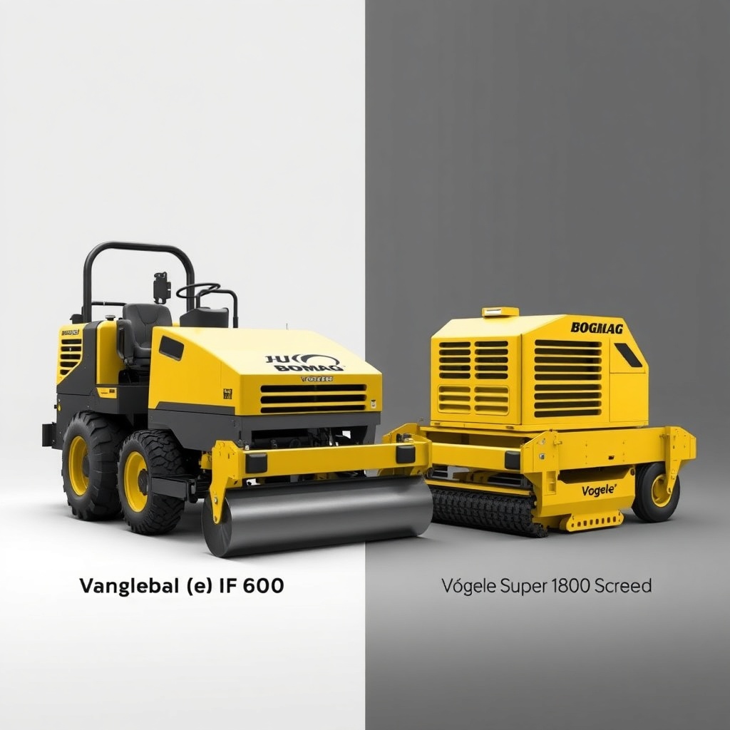 <clean photorealistic photo/illustration of a Bomag BF 600 P-2 screed compared side-by-sid