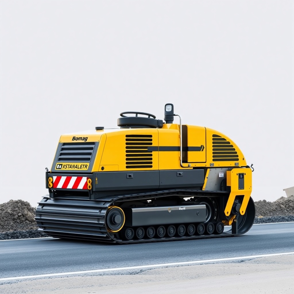 <clean photorealistic photo illustration of a Bomag BF 600 P-2 paver on a road constructio