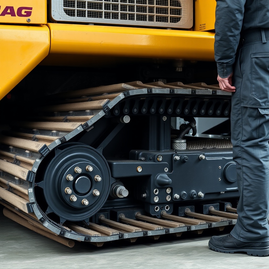 <clean photorealistic photo illustration of a technician inspecting worn track pins and bu