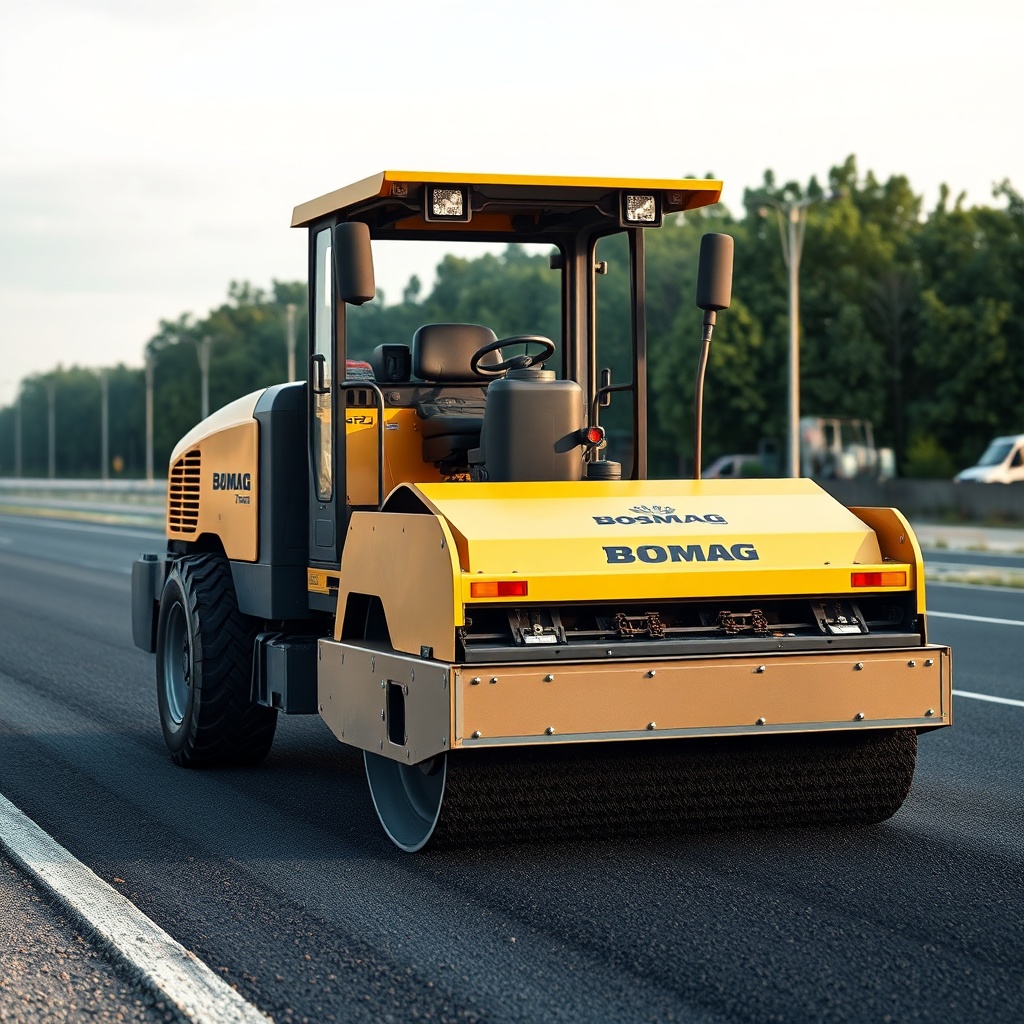 clean photorealistic photo/illustration of Bomag BF 600 P-2 paver working on a new road su