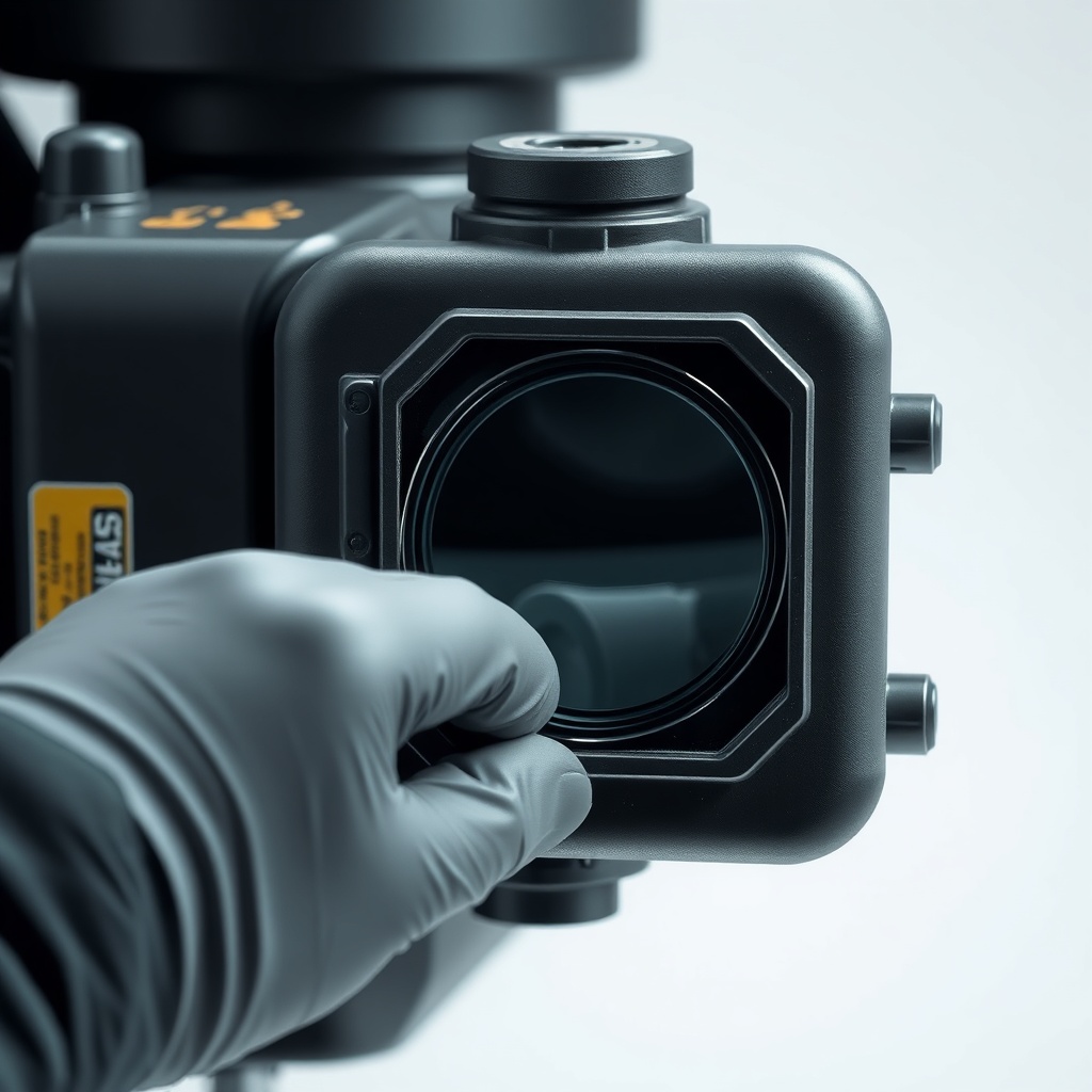 A clean photorealistic photo of a Caterpillar AP555F hydraulic reservoir and sight glass b