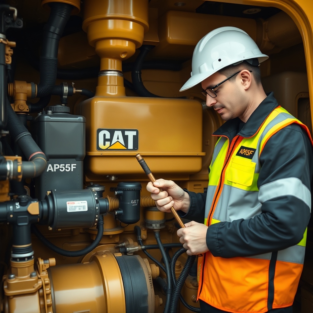 A clean photorealistic photo of a Caterpillar AP555F engine bay showing the fuel/water sep