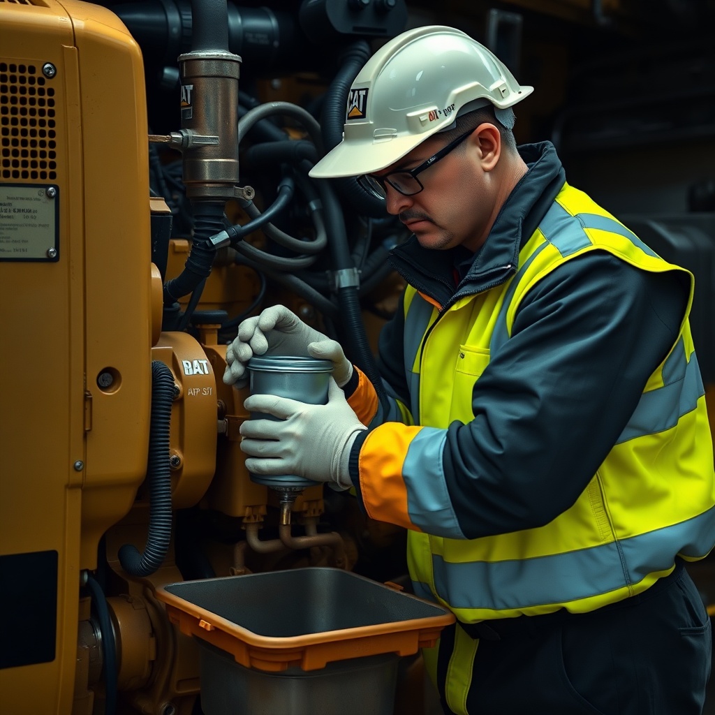 <clean photorealistic photo of a technician in high-vis gear changing the oil filter on a