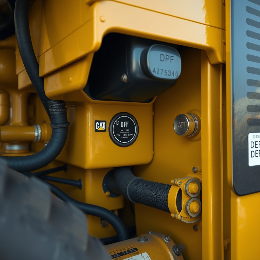 <clean photorealistic photo of the DPF and DEF tank area on a Caterpillar AP555F