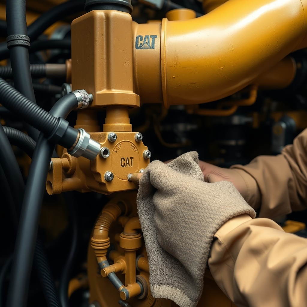 A photorealistic close-up photo of a Caterpillar AP555F hydraulic pump and lines
