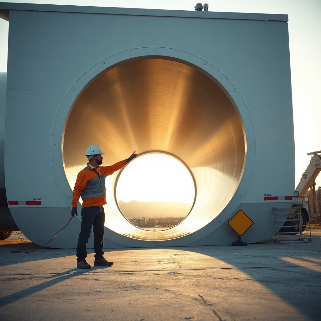 A clean photorealistic photo of an AP555F feed tunnel with a mechanic pointing to the padd