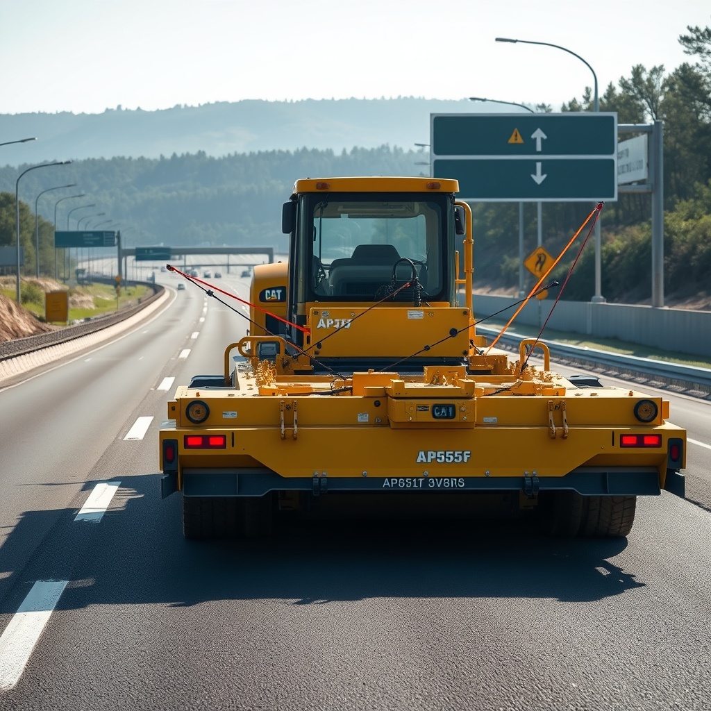 <clean photorealistic photo/illustration of a Caterpillar AP555F screed with hydraulic ext