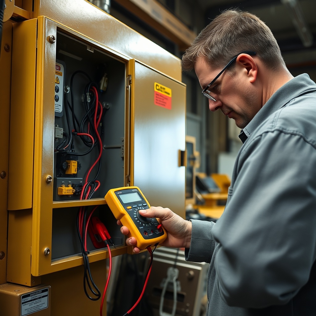 <clean photorealistic photo/illustration of a technician using a multimeter to test a heat