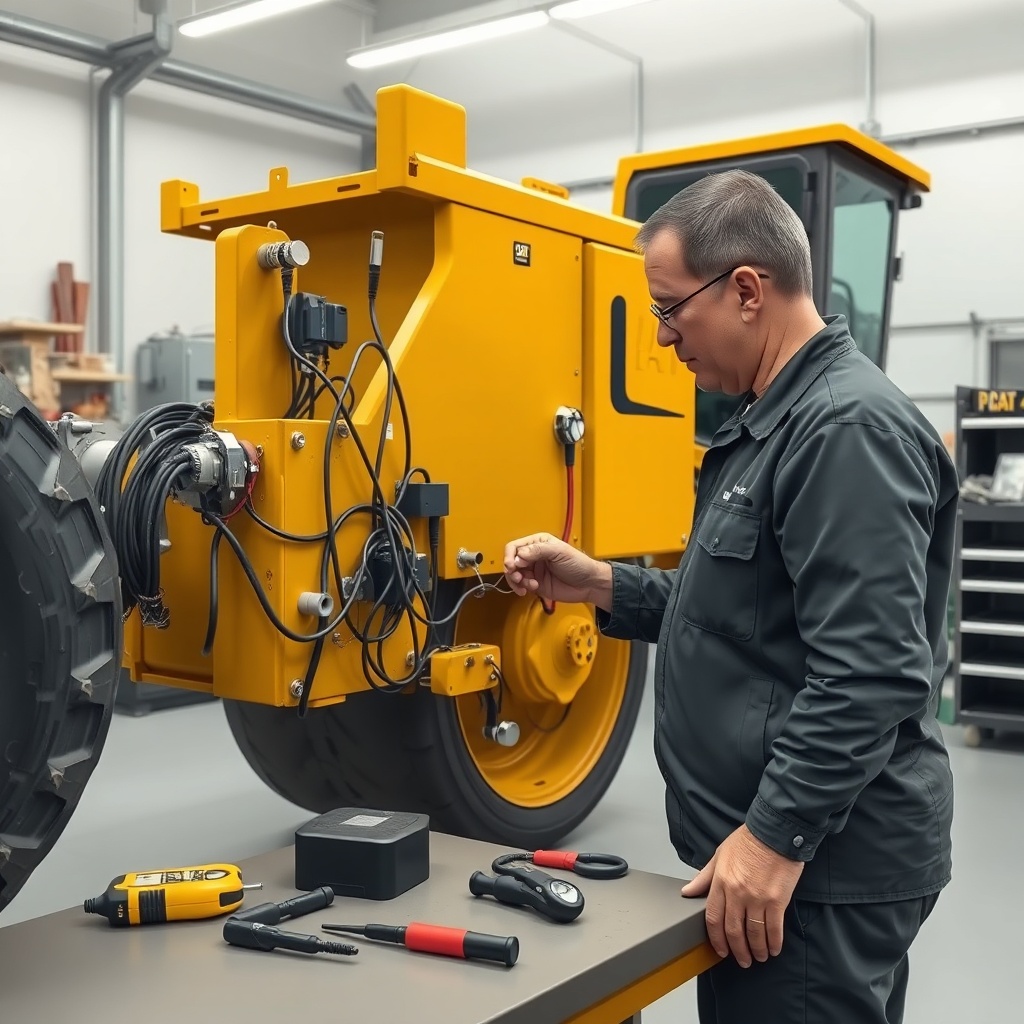 <clean photorealistic photo/illustration of a mechanic inspecting wiring harness connector