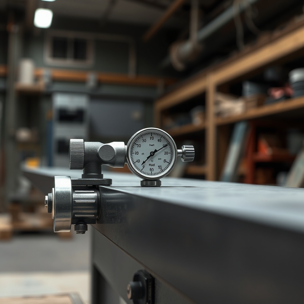 Close-up of right screed extension tamping beam assembly with dial indicator positioned on