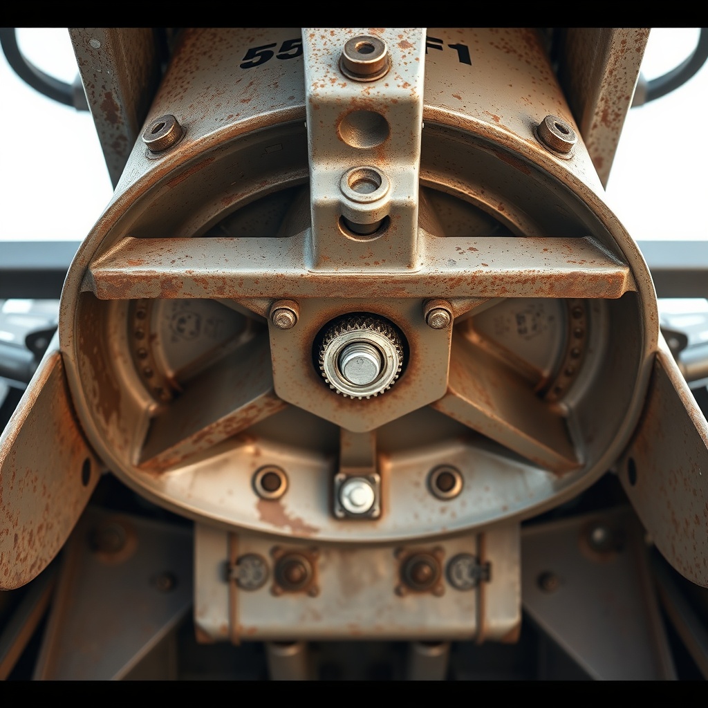 Underbelly view of AP555F screed crown assembly showing pivot pin and adjustment screw
