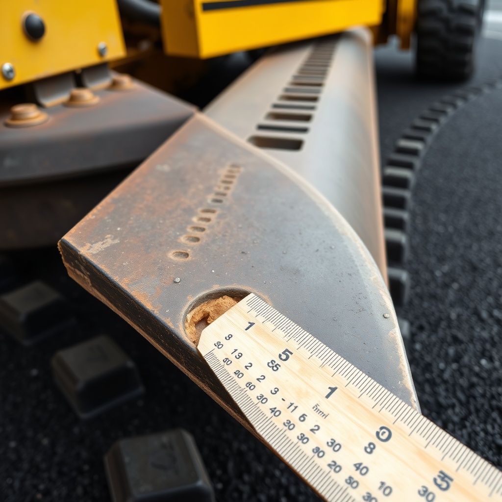 Close-up photo of a worn Caterpillar AP555F screed plate showing a distinct wear lip and s
