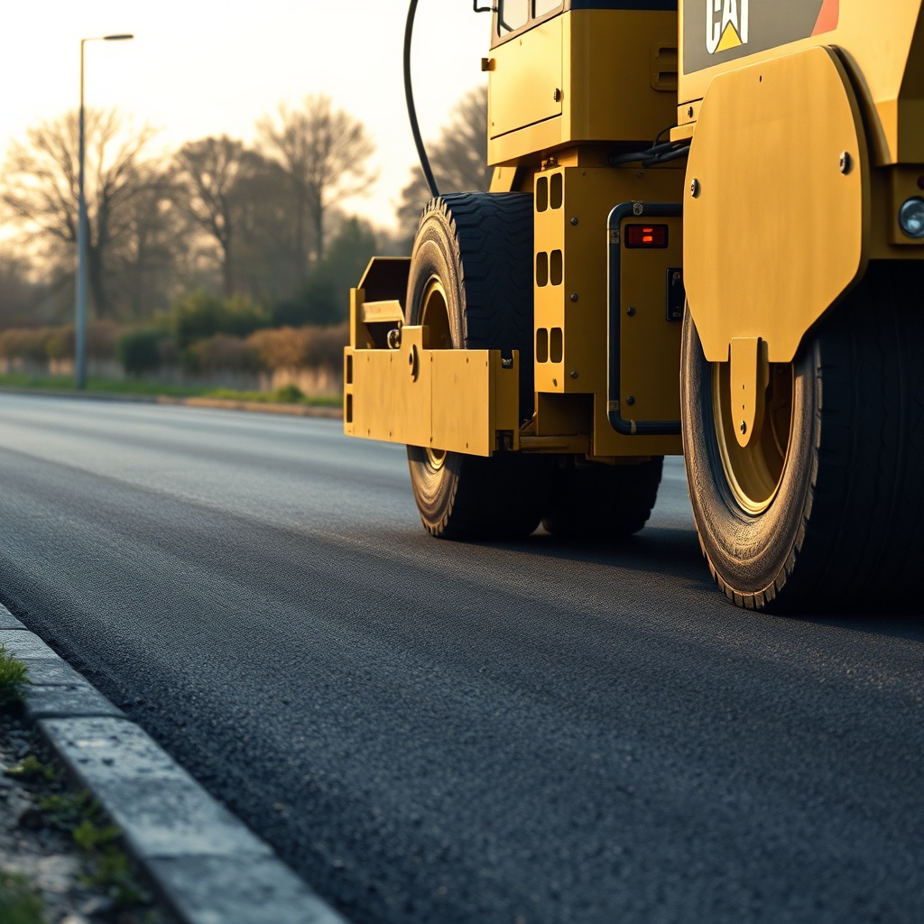 Photorealistic side-angle view of a Caterpillar AP555F paver laying dense base course asph