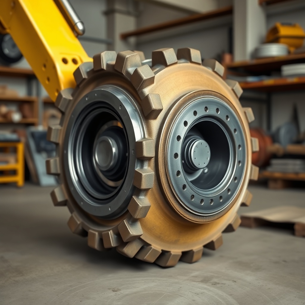<clean photorealistic photo/illustration of a Caterpillar AP555F track roller and idler as