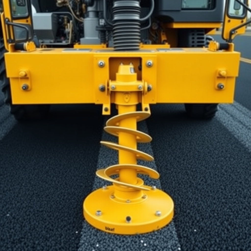 A clean photorealistic photo showing the screed and auger assembly of a Caterpillar AP555F