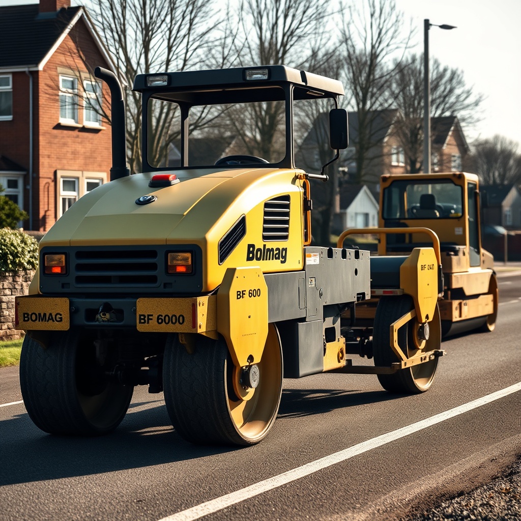 A clean photorealistic photo of a Bomag BF 600 P-2 paver working on a base course with a r