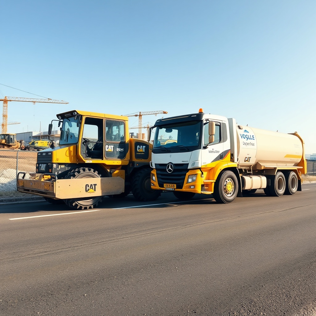 Wide angle shot of both a Caterpillar AP555F and a Vögele Super 1800 parked side by side o