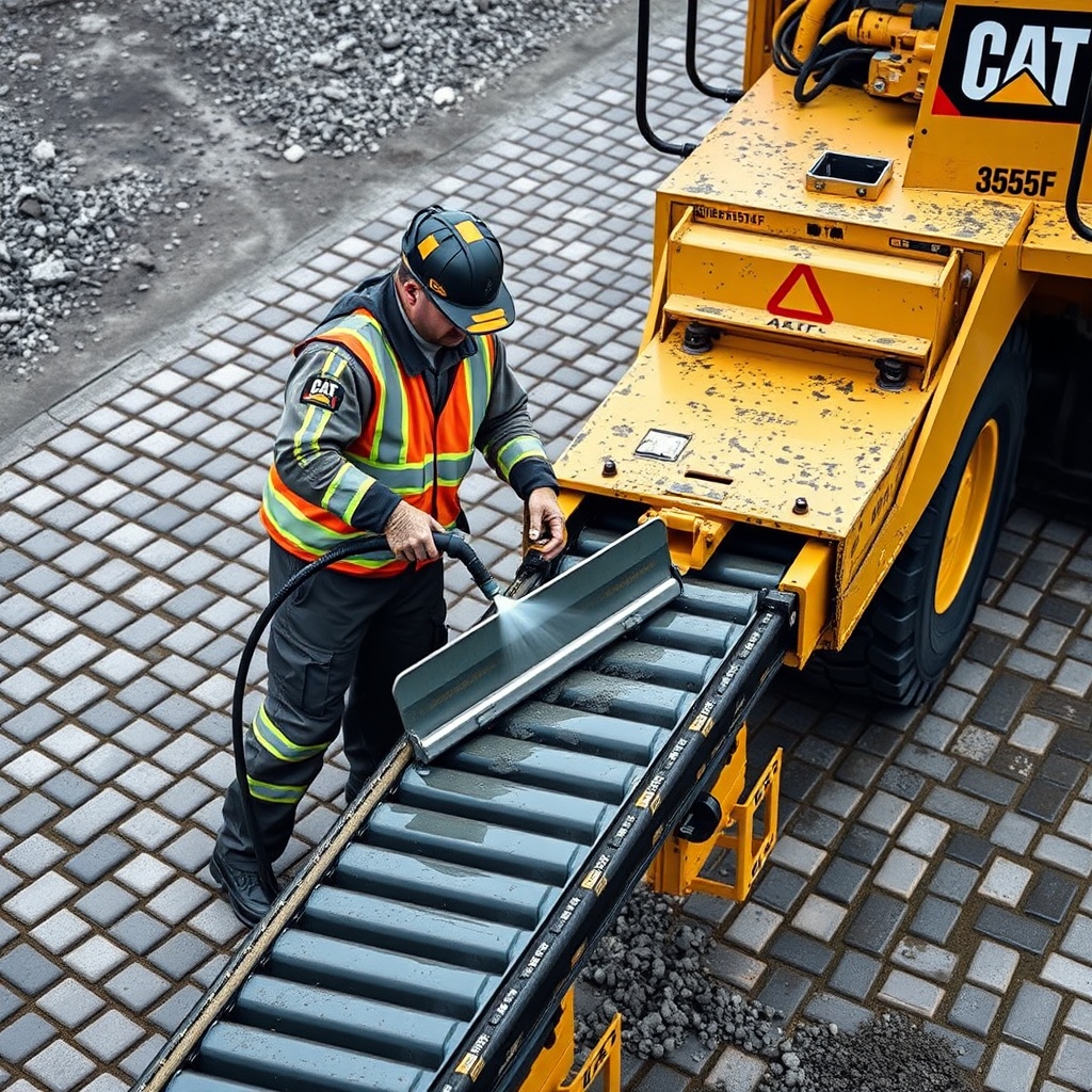 Caterpillar AP655F operator cleaning conveyor belt with a scraper and high-pressure air no