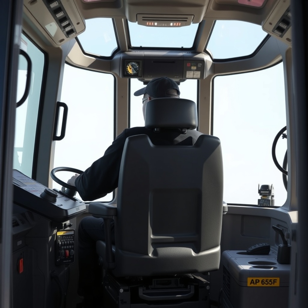 <clean photorealistic photo of an operator seated in the AP655F cabin