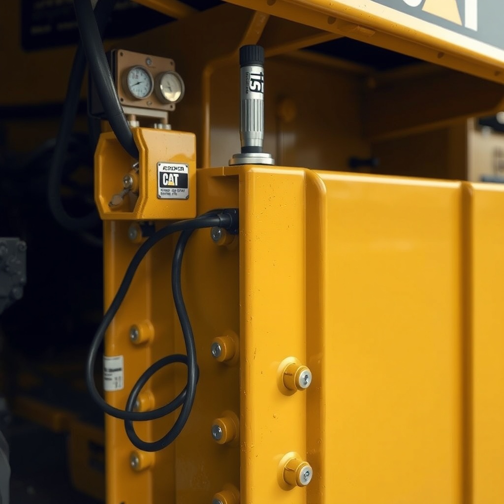 A clean photorealistic photo of a Caterpillar AP655F screed arm and sensor assembly