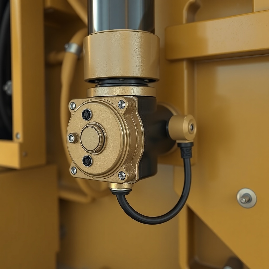 A clean photorealistic photo of a Caterpillar AP655F actuator motor and connector near the