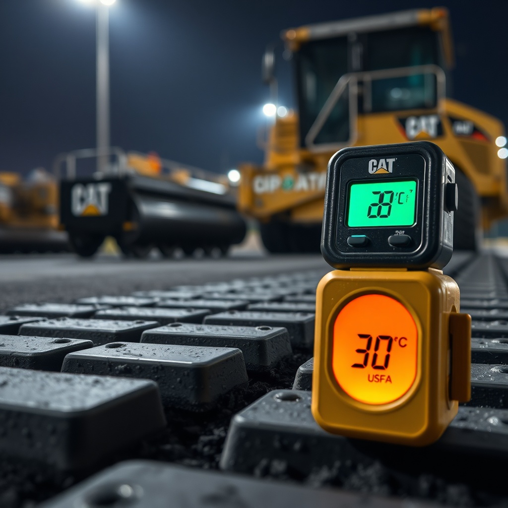Close-up photorealistic photo of a Caterpillar AP655F screed plate with an infrared thermo
