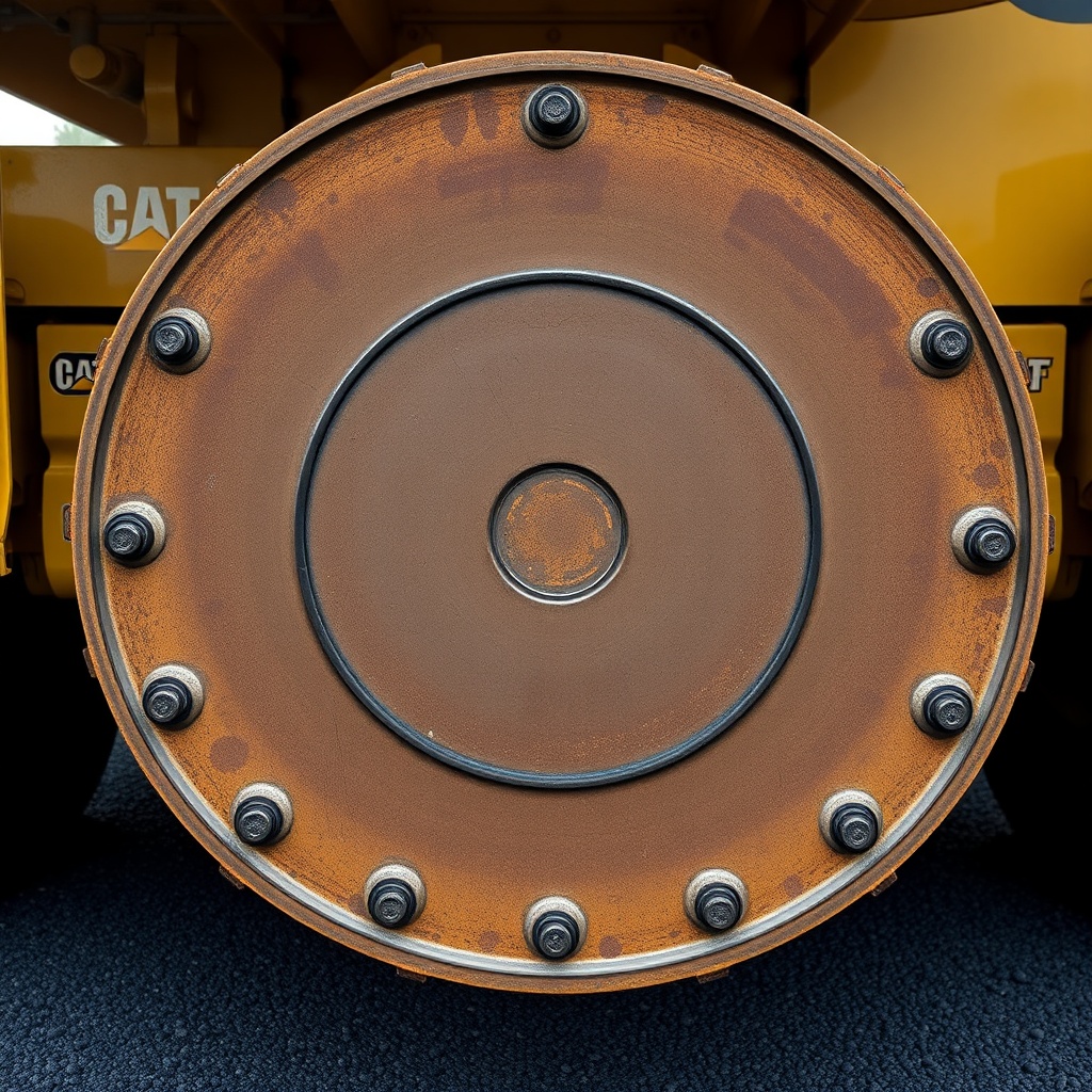 <photorealistic photo of a Caterpillar AP655F screed underside showing worn screed plates
