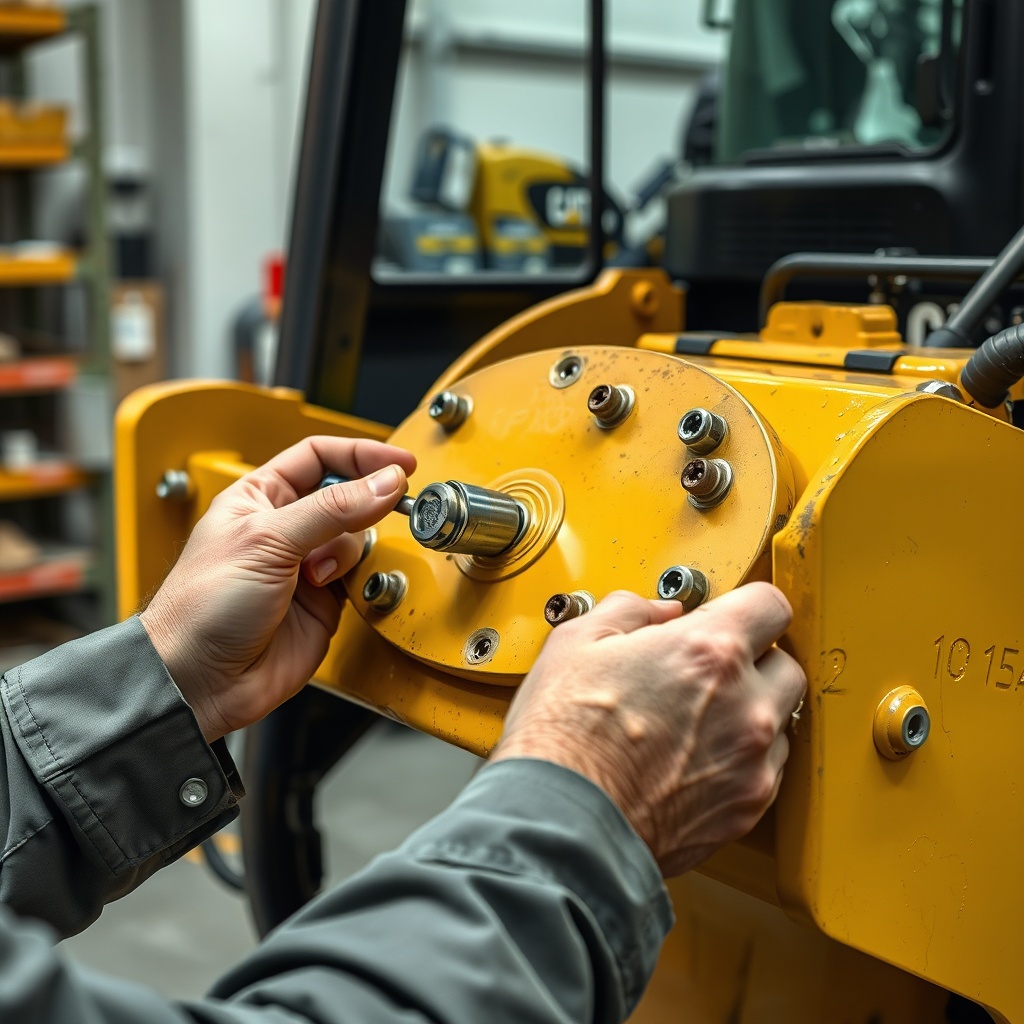 <photorealistic photo of a technician’s hands installing a new Caterpillar AP655F screed p