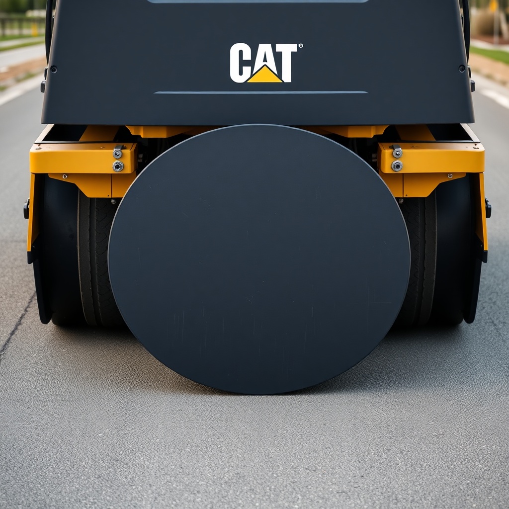 A clean photorealistic photo of a Caterpillar AP655F paver viewed from behind