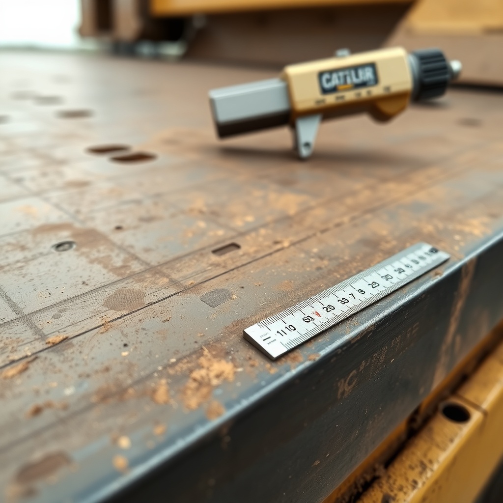 A clean photorealistic close-up photo of a used screed plate on a Caterpillar AP655F