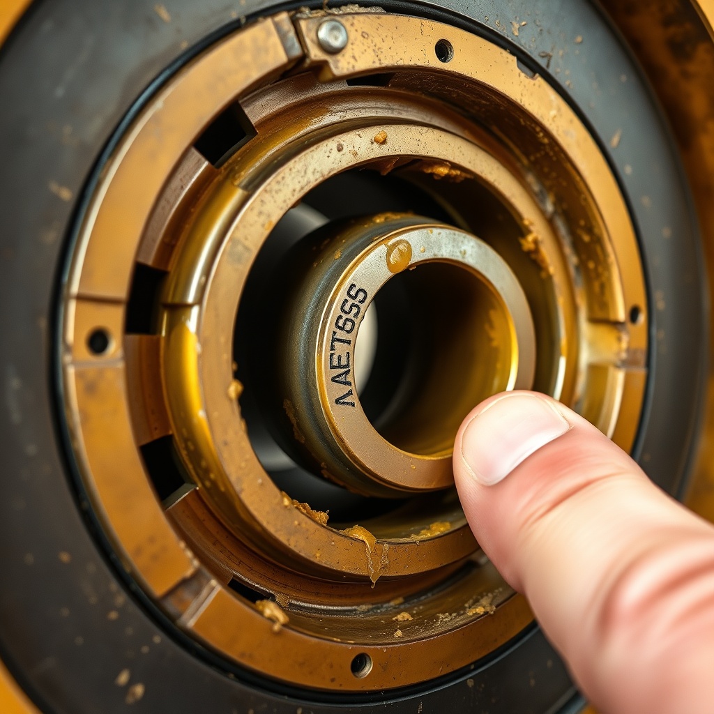 Close-up photorealistic photo of a Caterpillar AP655F auger bearing housing with visible g