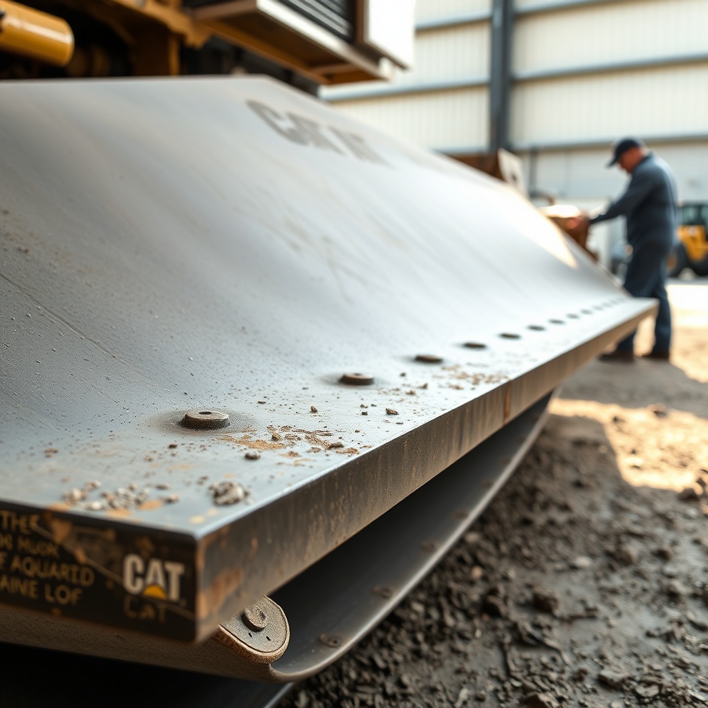 <clean photorealistic photo of a Caterpillar AP655F screed plate showing edge wear marks