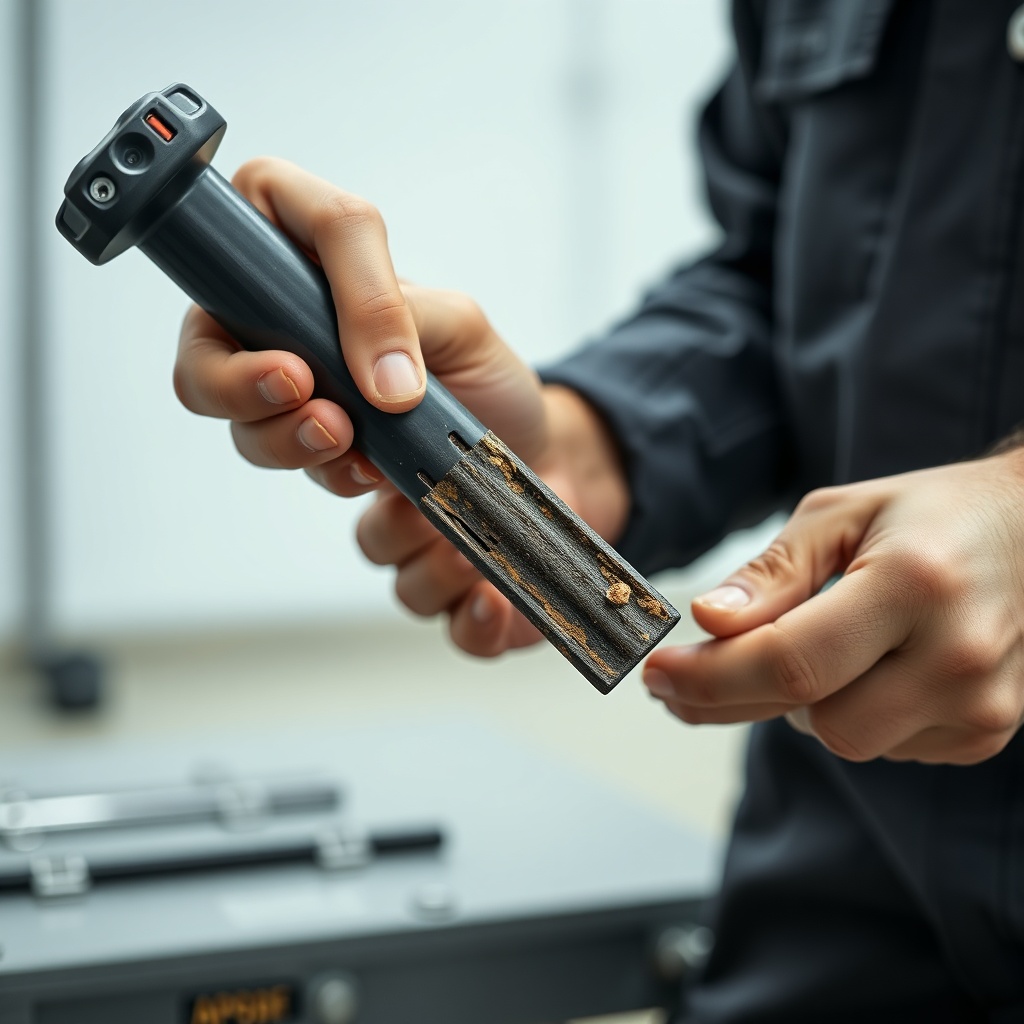 <clean photorealistic photo of a mechanic holding a worn tamper bar against a new one
