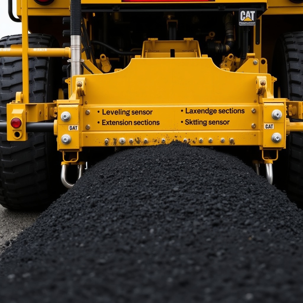 A tight shot of a Cat AP655F rear screed setup