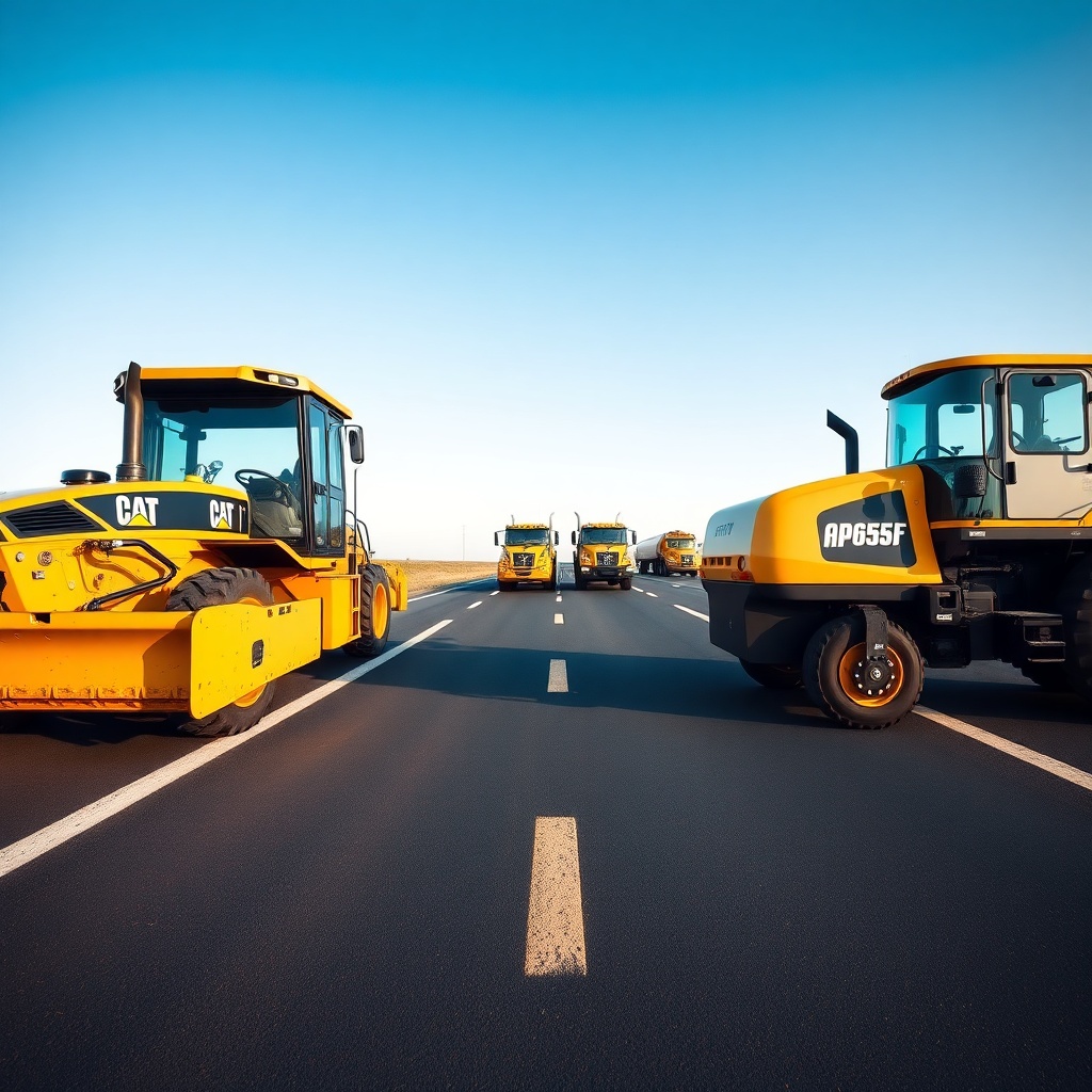 A photorealistic wide-angle photo of a Caterpillar AP655F and a Bomag BF 600 P-2 parked si