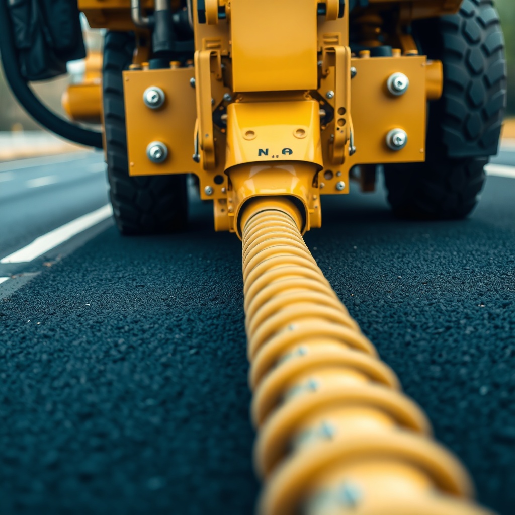 A photorealistic close-up photo of the auger and screed assembly of a Caterpillar AP655F l