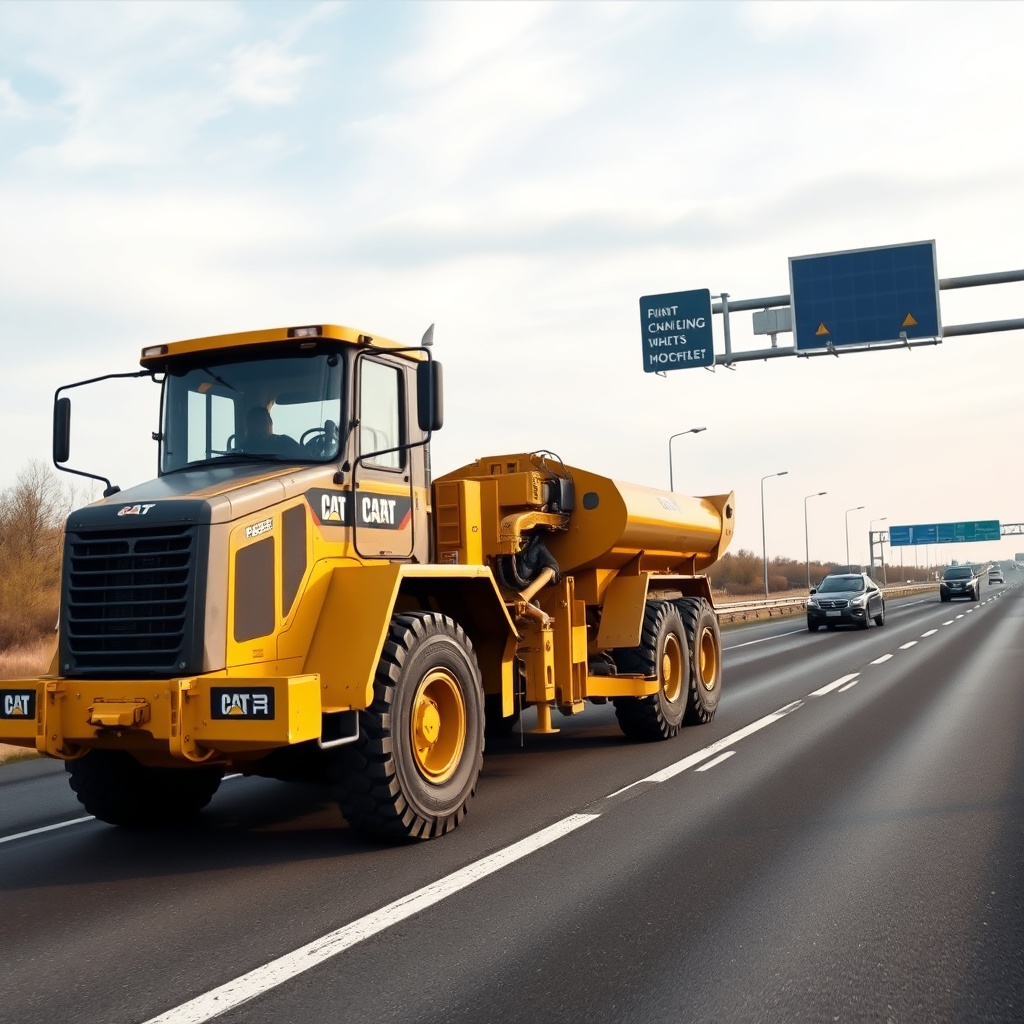 <clean photorealistic photo/illustration of a Caterpillar AP655F working on a UK highway w