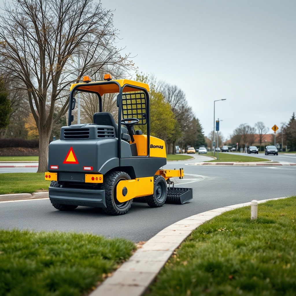 <clean photorealistic photo/illustration of a Bomag BF 600 P-2 paving a roundabout or cycl